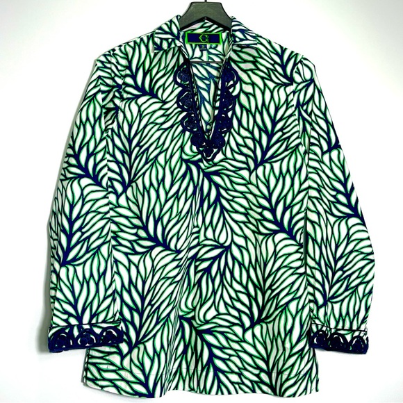 C. Wonder Tops - C. WONDER Womens Green Leaf Print Tunic Top Navy Blue Rope Scroll Detail Size Sm